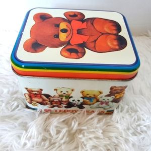 Vintage 1984 Cheinco Rainbow I Love Teddy Bears Rectangle Storage Box Tin